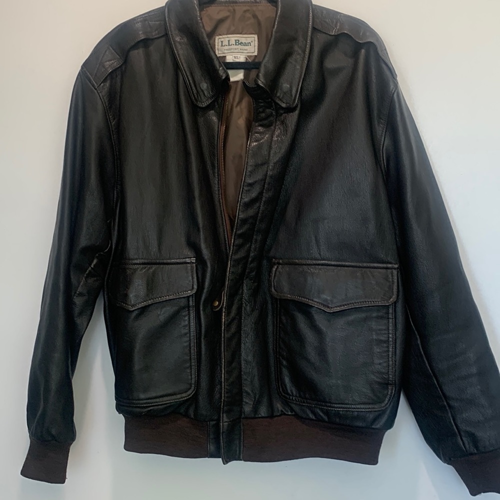 LL bean brown leather bomer jacket size XL aviator goth